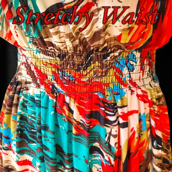 Women's High Low Silk Multi Color Artist Stretch Frill Dress Size XXL - Picture 3 of 8